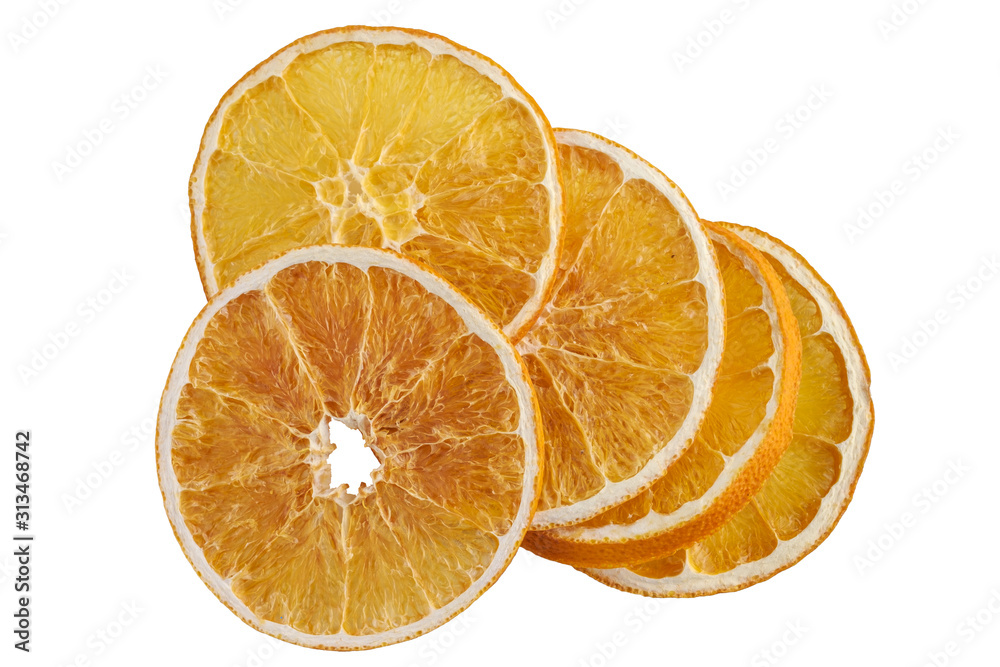 Stack of dried orange slices isolated on white