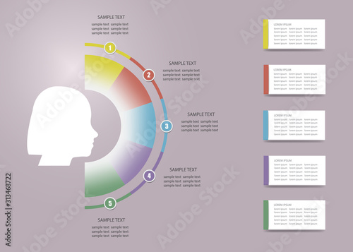 The woman's head silhouette with colorful semicircle around and five blank labels in the right ready for your text