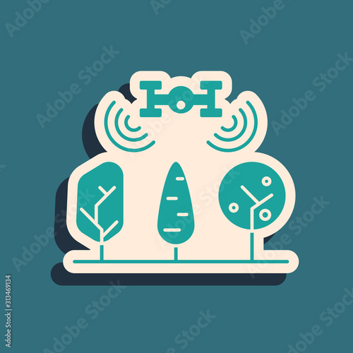 Green Smart farm with drone control and tree icon isolated on blue background. Innovation technology for agricultural company. Long shadow style. Vector Illustration