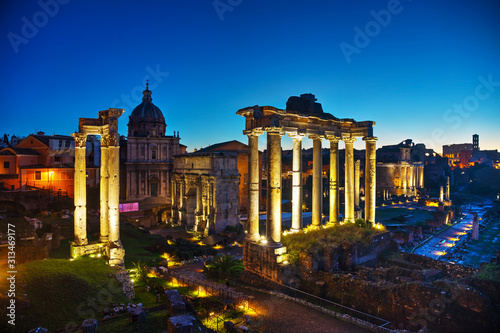 Roman forum ruins at the night time photo