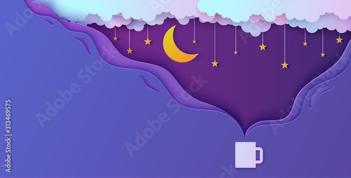 Night sky in paper cut style. Steam from hot drink cup. 3d background with violet and blue gradient cloudy landscape with stars on rope and moon papercut art. Vector card illustration. Origami clouds.