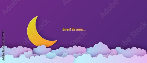 Night sky in paper cut style. Cut out 3d background with violet and blue gradient cloudy landscape with moon papercut art. Cute origami clouds. Vector card for wish good night sweet dreams.