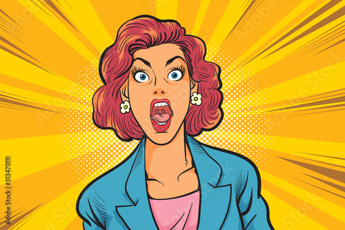 shocking business woman hand up comic style.Beautiful surprised woman in the pop art comics style.