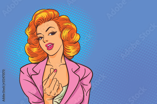 business woman action sexy  shows mini heart sign in the pop art comics style.