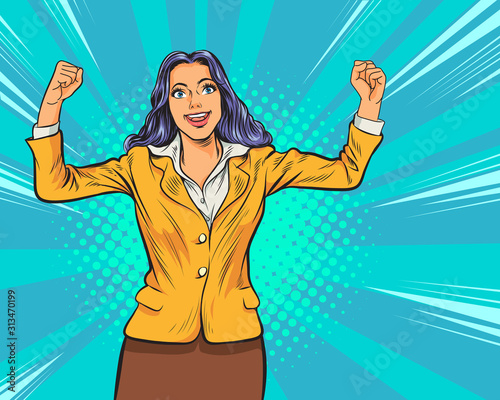 successful female businesswoman retro style pop art.working woman hand up Pop art retro comic