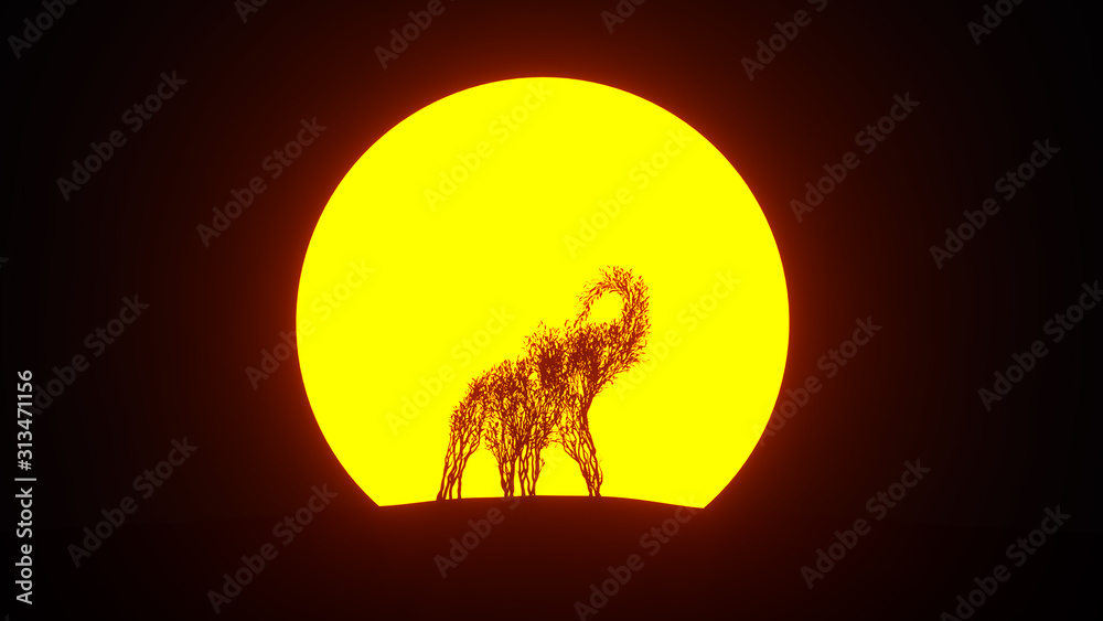 Silhouette of growing tree in a shape of a elephant. Eco Concept. 3D rendering.
