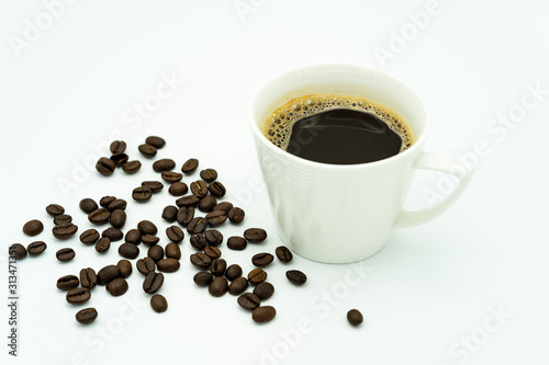 Cup coffee and roasted coffee bean isolated on white background.