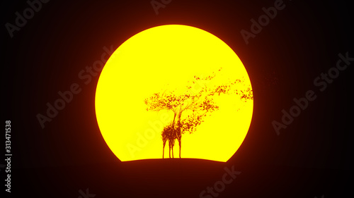 Silhouette of growing tree in a shape of a elk. Eco Concept. 3D rendering.