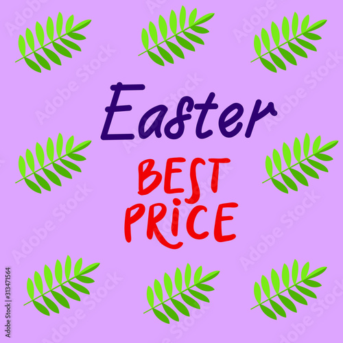  Easter best price vector lettering  in frame green easter leaves on purple background.