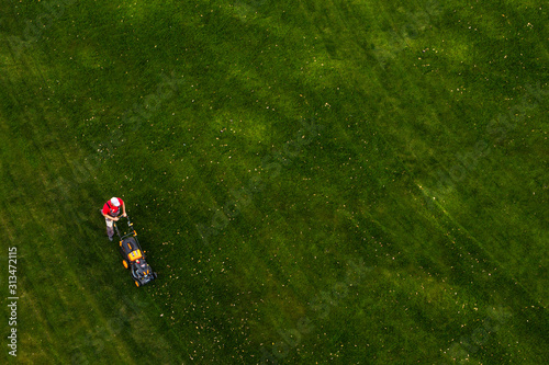 The gardener mows the grass with a lawn mower. Green background copy space