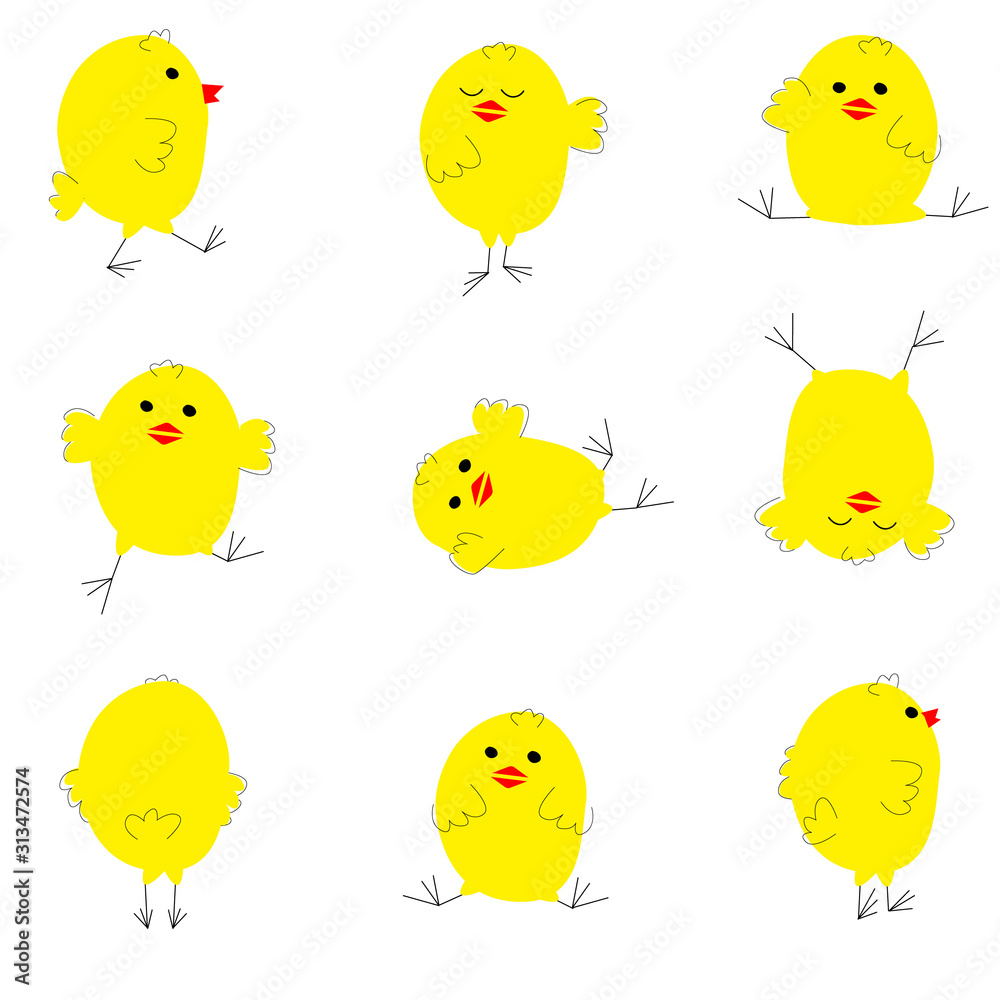Set by cute chicken with different pose on a white background in bright colors in kids cartoon style. Vector Illustration. Print or Poster Design, web sites, printed materials for Easter, kids Design Set by cute chicken with different pose on a white background in bright colors in kids cartoon style. Vector Illustration. Print or Poster Design, web sites, printed materials for Easter, kids Design