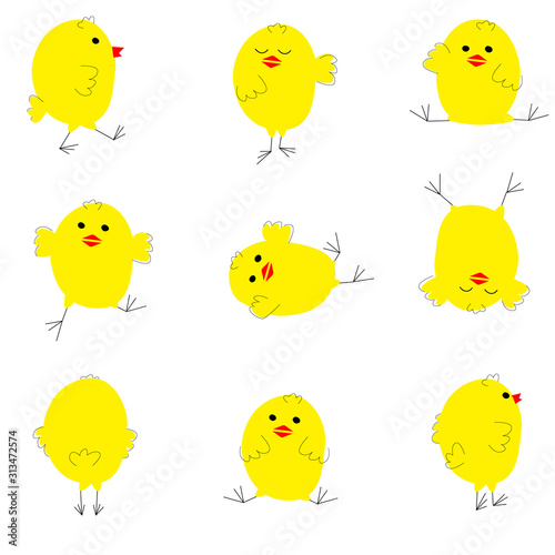 Set by cute chicken with different pose on a white background in bright colors in kids cartoon style. Vector Illustration. Print or Poster Design, web sites, printed materials for Easter, kids Design