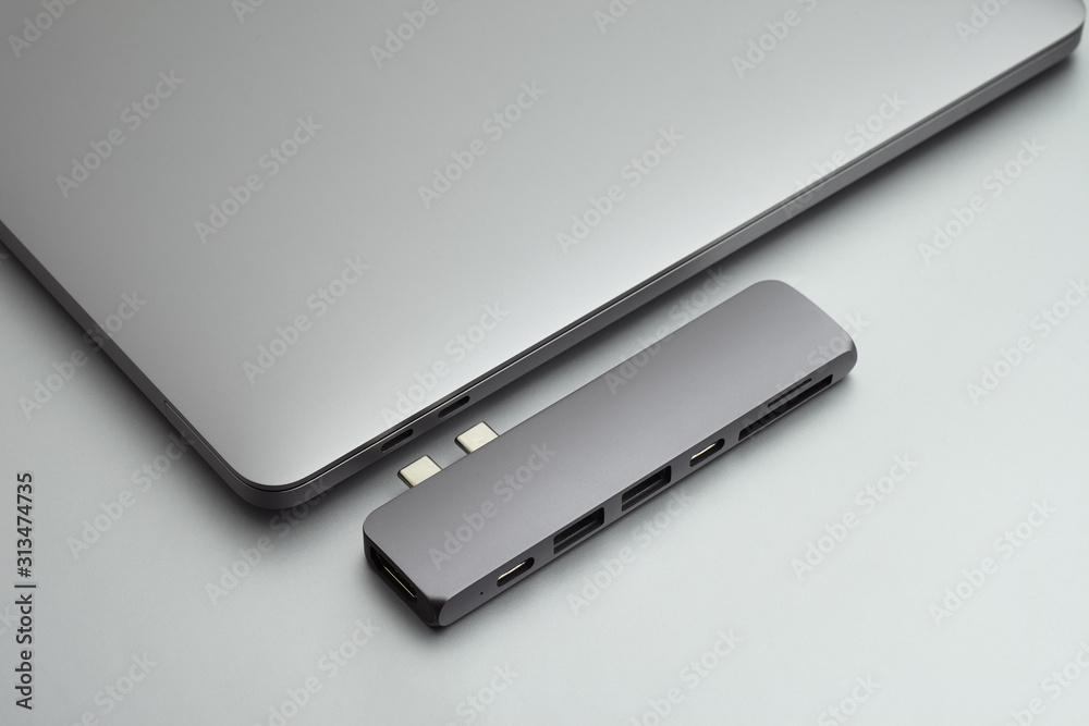 Space grey laptop with usb hub Space grey laptop with usb hub