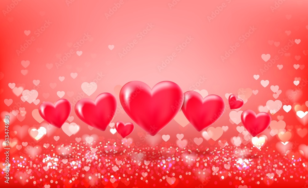 Volumetric hearts balloons on Hearts bokeh background. Red festive background with bokeh. Vector illustration