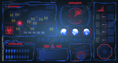 HUD, UI, GUI Futuristic Frames User Interface. Warning, Danger Elements. Dashboard, Scanning System