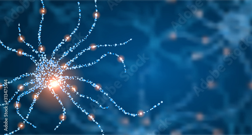 Concept of Neuron Cells with Glowing Link Knots, Science Unfocused Background. Mixed Media © -=MadDog=-