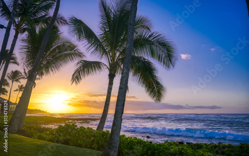 Sunrise over the coast of Kauai, Hawaii.