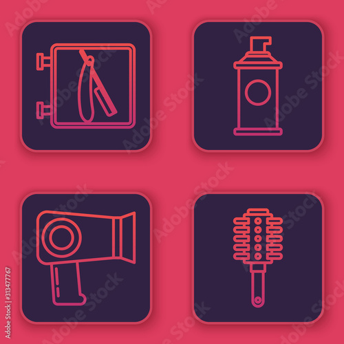 Set line Barbershop with razor, Hair dryer, Shaving gel foam and Hairbrush. Blue square button. Vector
