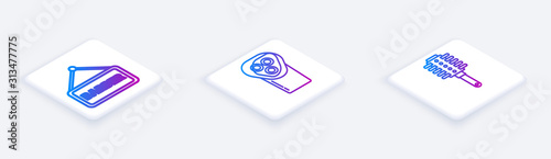 Set Isometric line Barbershop, Electrical hair clipper or shaver and Hairbrush. White square button. Vector