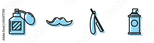 Set line Straight razor, Aftershave, Mustache and Shaving gel foam icon. Vector