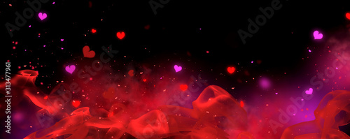 Valentine s Day red and black Background. Holiday Blinking Abstract Valentine Backdrop with Glowing Hearts. Heart Shape Bokeh. Love concept. Valentines art vivid design. Romantic wide screen banner