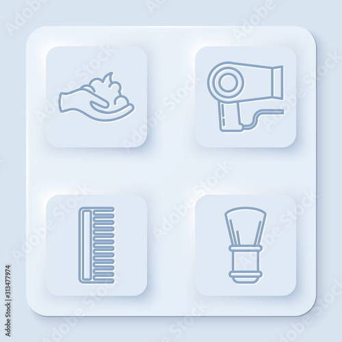 Set line Shaving gel foam on hand, Hair dryer, Hairbrush and Shaving brush. White square button. Vector
