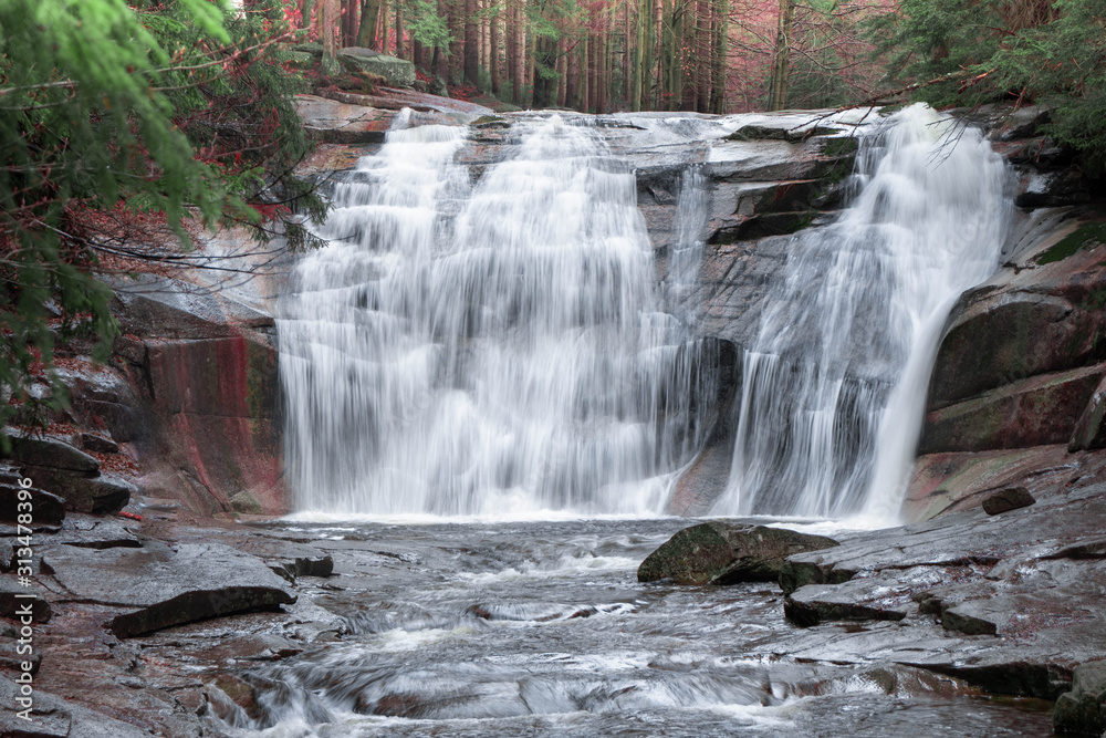 Fototapeta premium Mumlava waterfall great place, water flows over a vertical drop