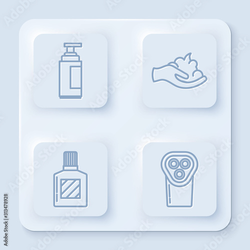 Set line Cream or lotion cosmetic tube, Shaving gel foam on hand, Aftershave and Electrical hair clipper or shaver. White square button. Vector