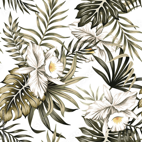 Tropical vintage white orchid flower, palm leaves floral seamless pattern white background. Exotic jungle wallpaper.