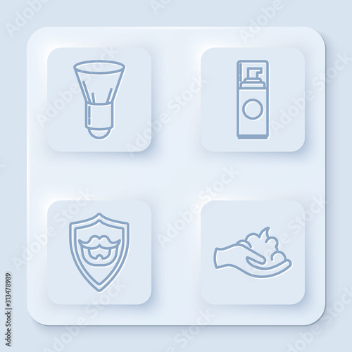 Set line Shaving brush, Shaving gel foam, Mustache and beard on shield and Shaving gel foam on hand. White square button. Vector