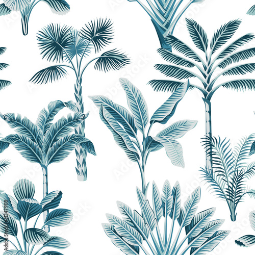 Fototapeta Tropical vintage blue palm trees, banana tree floral seamless pattern white background. Exotic jungle wallpaper.