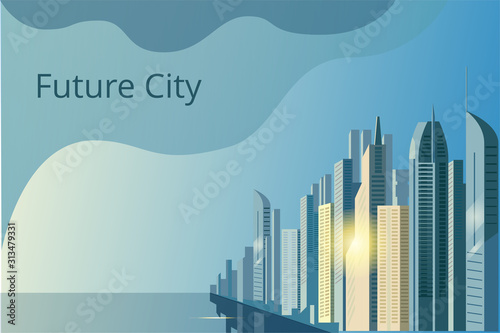 City of the future skyscrapers at dawn. Vector horizontal illustration. A pattern of horizontal banner.