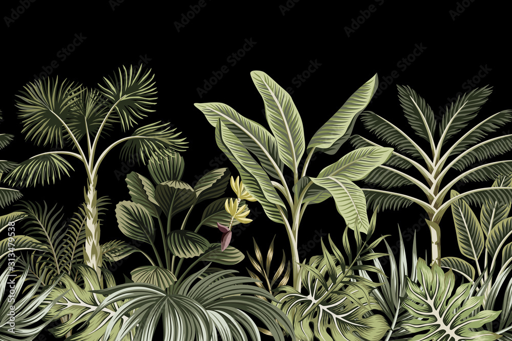Tropical night vintage palm tree, banana tree and plant floral seamless border black background. Exotic dark jungle wallpaper.