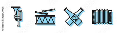 Set line Crossed beer bottle, Musical instrument trumpet, Musical instrument drum and drum sticks and Musical instrument accordion icon. Vector