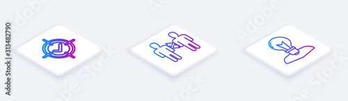 Set Isometric line Target and check mark, Project team base and Human head with lamp bulb. White square button. Vector