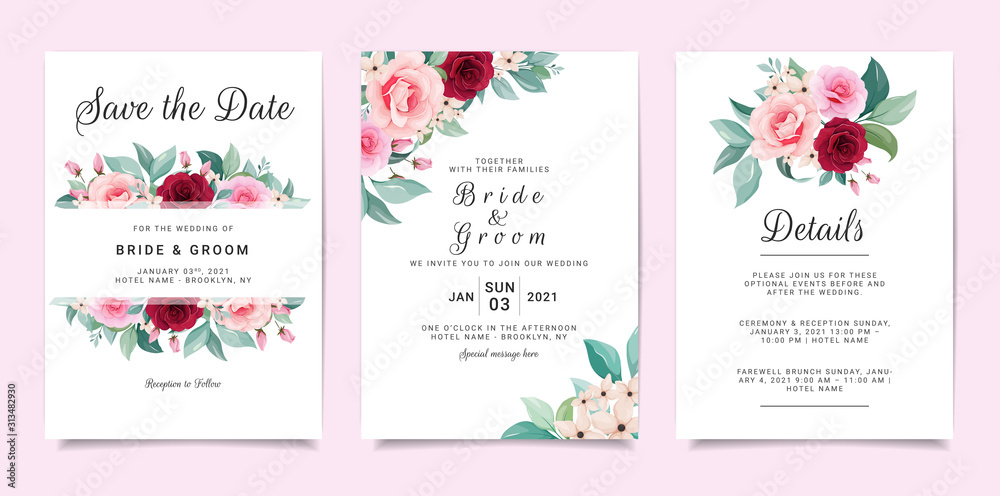 Set of card with flowers. Invitation template set with floral frame and bouquet. Roses and leaves botanic illustration for wedding card, background, save the date, greeting, poster, cover vector Set of card with flowers. Invitation template set with floral frame and bouquet. Roses and leaves botanic illustration for wedding card, background, save the date, greeting, poster, cover vector