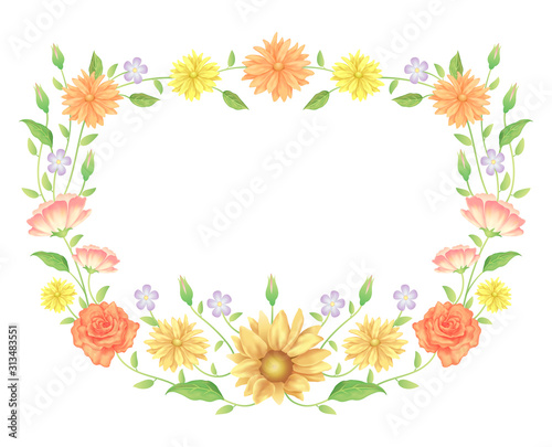 Floral frame colorful and beautiful rose flowers and leaves template decoration.