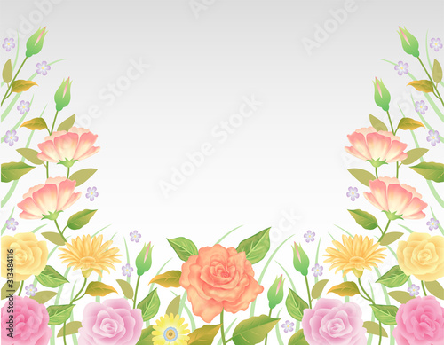 Floral frame colorful and beautiful rose flowers and leaves template decoration.