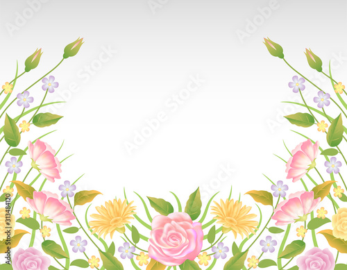 Floral frame colorful and beautiful rose flowers and leaves template decoration.