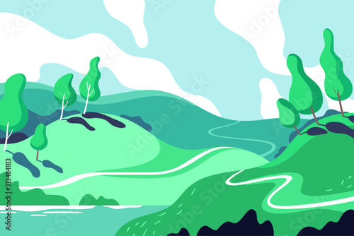 Spring and summer background. Landscape with hills, plants, roads and a lake. Vector illustration for advertising, websites and print media.