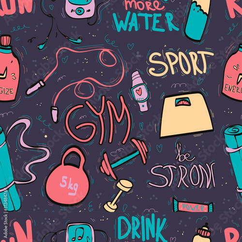 Seamless pattern with sport symbols maed in doodle style, decoration