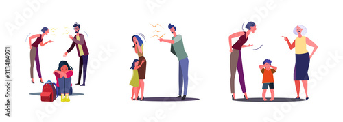 Set of angry families quarrelling