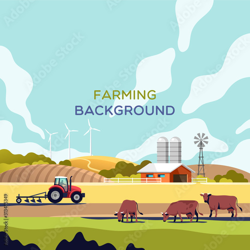 Agriculture industry, farming and animal husbandry concept. Rural landscape with copy space for text. Vector illustration.