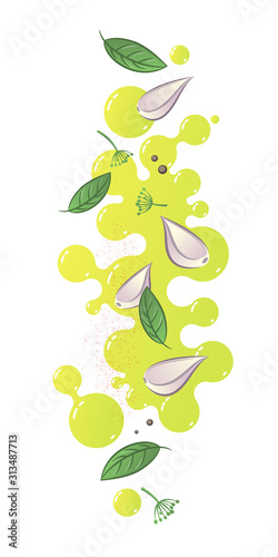 Olive oil with garlic, seasoning and basil leaves. Food illustration. Cooking of aroma oil. Illustration for recipe.