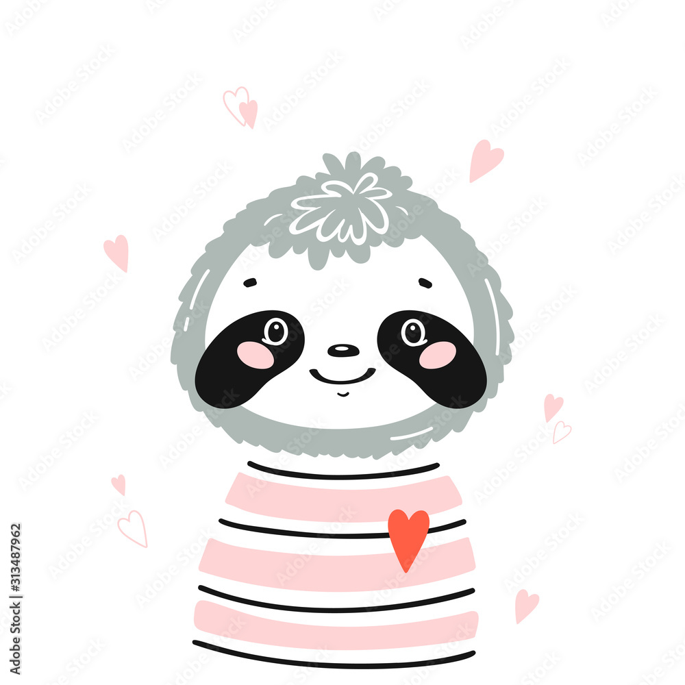 T-shirt Print Design for Kids with Little Cute Sloth Head with Hearts. Sloth Face. Doodle Cartoon Kawaii Animal Vector Illustration. Scandinavian Print or Poster Design, Baby Shower Greeting Card