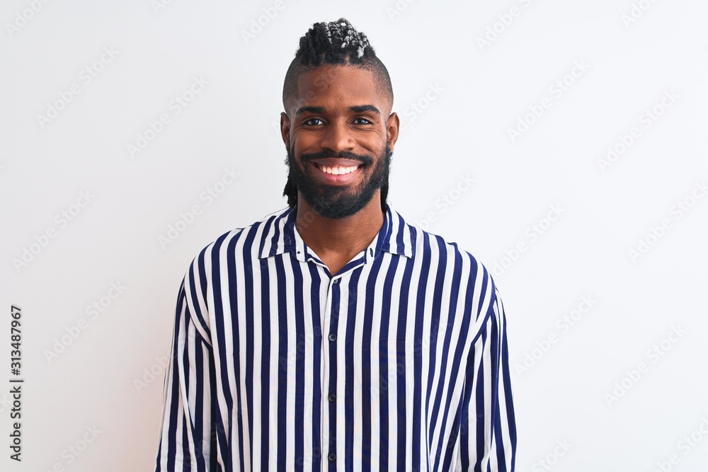 African american man with braids wearing striped shirt over isolated white background with a happy and cool smile on face. Lucky person. African american man with braids wearing striped shirt over isolated white background with a happy and cool smile on face. Lucky person.