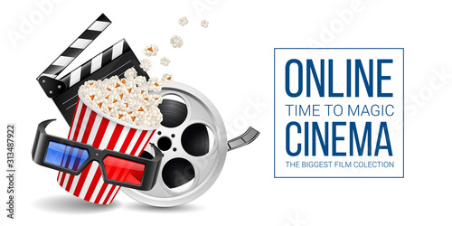 Cinematograph Concept Banner Design Template with Movie Clapper Board, Popcorn in the Striped Bag, Film Reel and 3d Glasses Over White Background