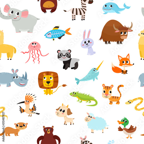Fototapeta Naklejka Na Ścianę i Meble -  Cute cartoon animals alphabet pattern isolated on white.