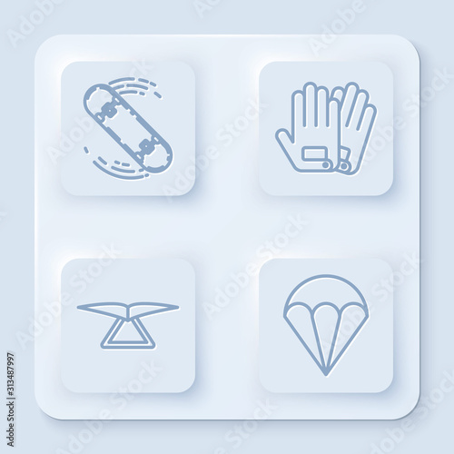Set line Skateboard trick, Gloves, Hang glider and Parachute. White square button. Vector