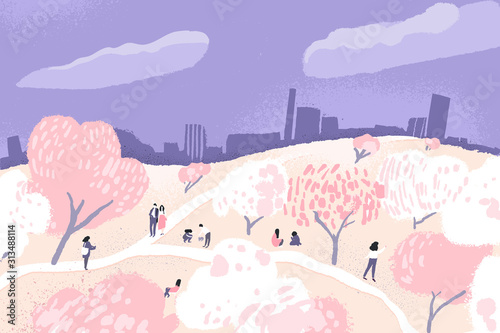 Cherry blossom trees in park. Group of tiny people walking and watching blooming sakura. Japanese Hanami festival, spring time in city. Vector cartoon outdoor illustration.